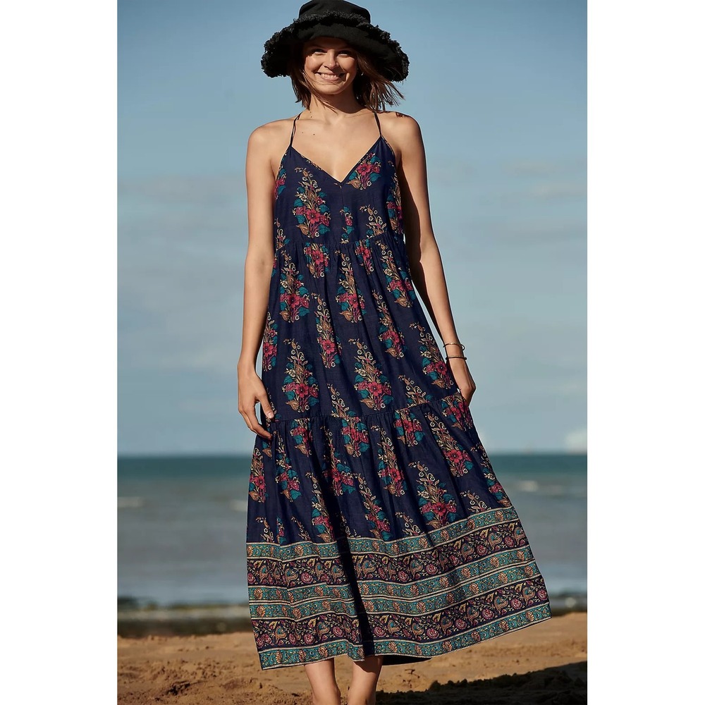 Anthropologie Navy Floral Maxi Dress